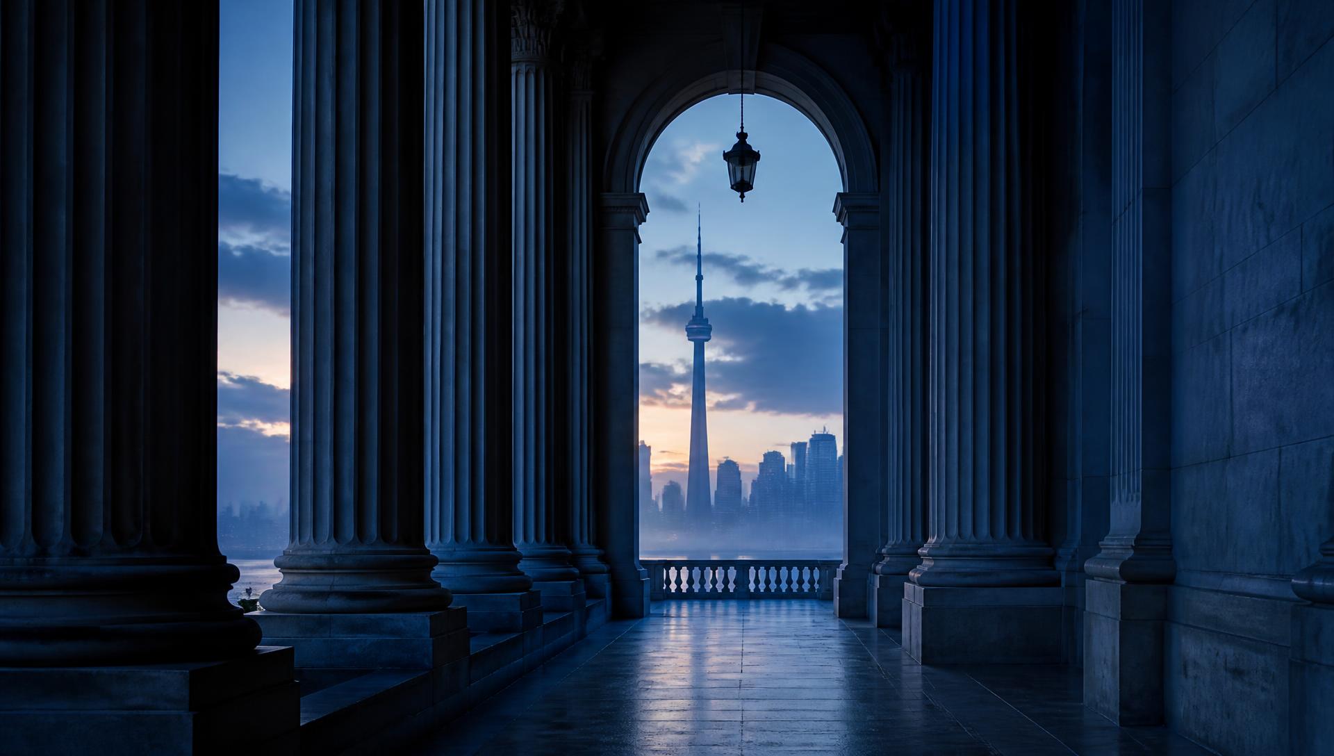 Classical colonnade opening onto the Toronto skyline at sunrise